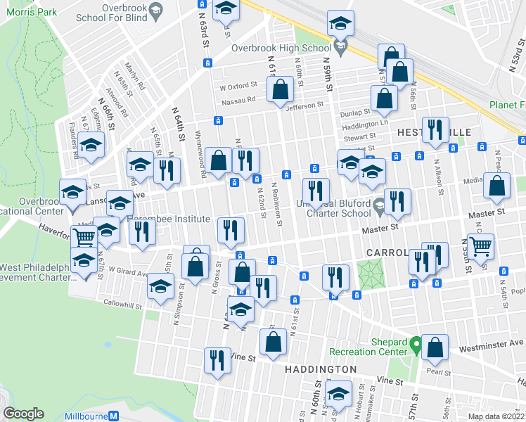 map of restaurants, bars, coffee shops, grocery stores, and more near North 62nd Street in Philadelphia