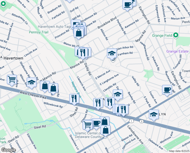 map of restaurants, bars, coffee shops, grocery stores, and more near 603 Darby Road in Havertown