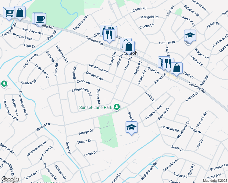 map of restaurants, bars, coffee shops, grocery stores, and more near 2355 Manor Road in York