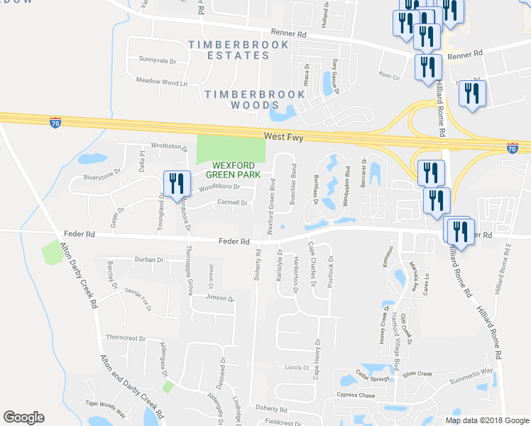 map of restaurants, bars, coffee shops, grocery stores, and more near 1119 Wexford Green Boulevard in Columbus