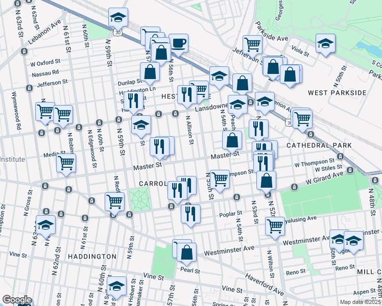 map of restaurants, bars, coffee shops, grocery stores, and more near 1416 North Allison Street in Philadelphia