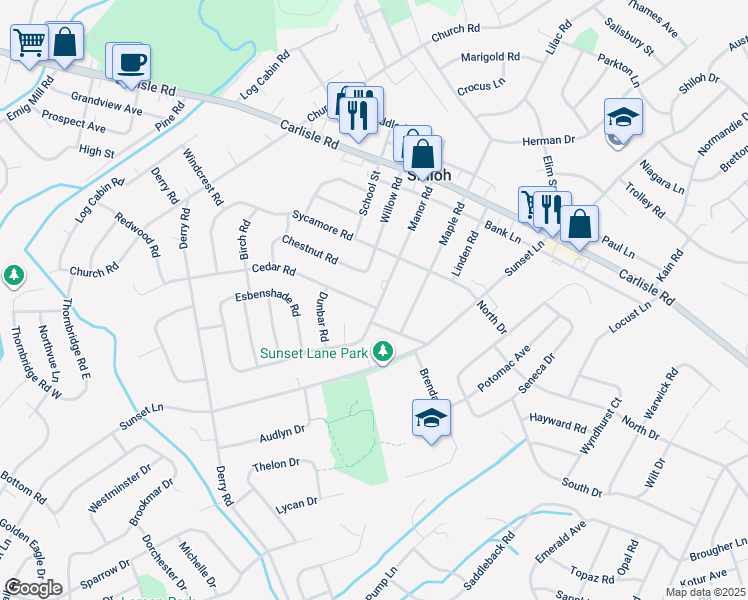 map of restaurants, bars, coffee shops, grocery stores, and more near 2355 Manor Road in York