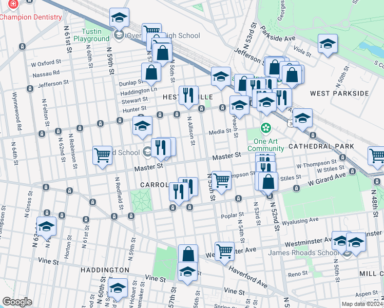 map of restaurants, bars, coffee shops, grocery stores, and more near 1416 North Allison Street in Philadelphia