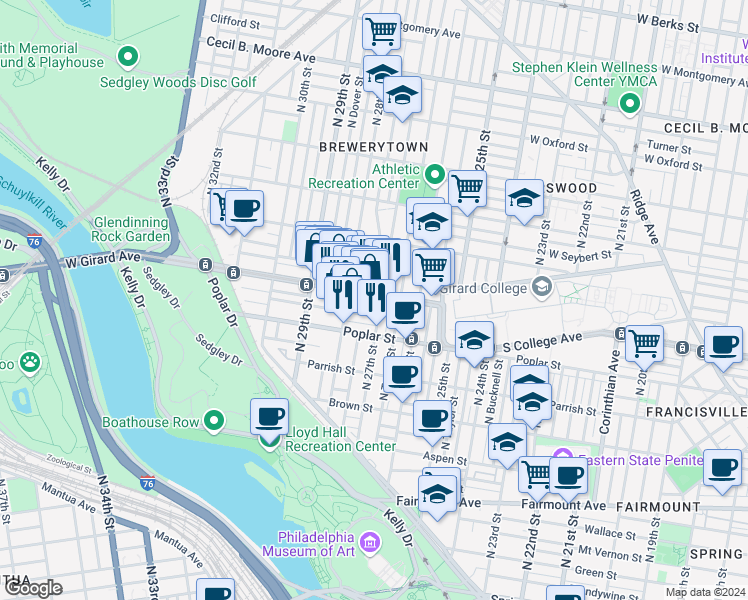 map of restaurants, bars, coffee shops, grocery stores, and more near 2704 West Girard Avenue in Philadelphia