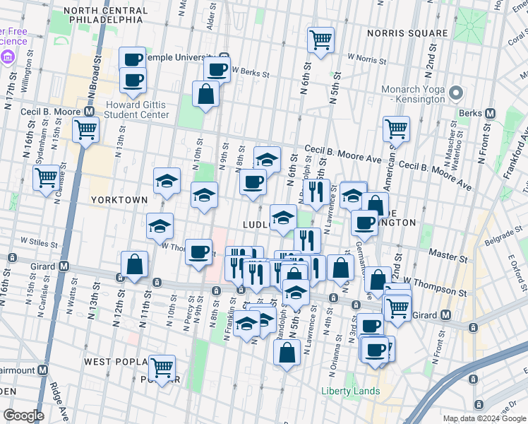 map of restaurants, bars, coffee shops, grocery stores, and more near 1441 North 7th Street in Philadelphia
