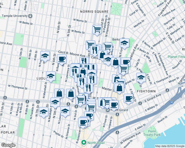 map of restaurants, bars, coffee shops, grocery stores, and more near 1510 North 2nd Street in Philadelphia