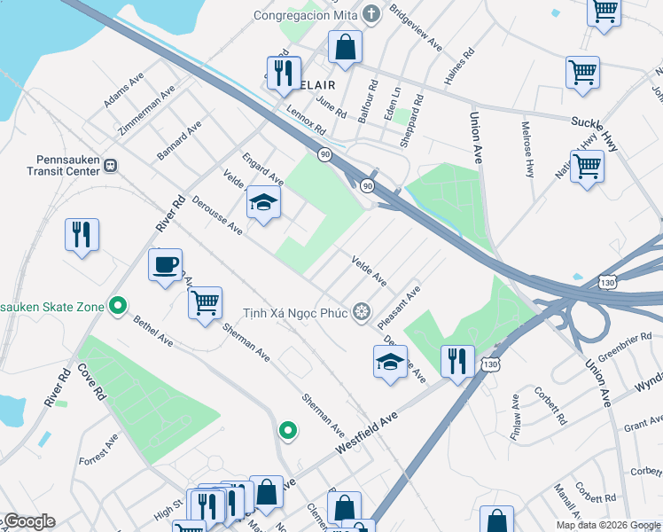 map of restaurants, bars, coffee shops, grocery stores, and more near 7323 Boulevard Avenue in Pennsauken Township