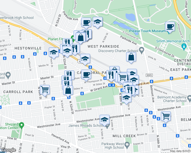map of restaurants, bars, coffee shops, grocery stores, and more near 4930 Kershaw Street in Philadelphia