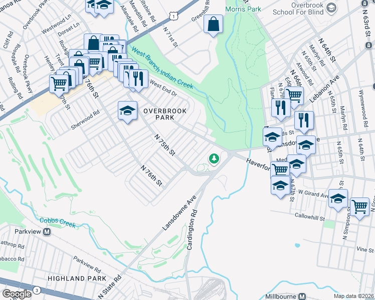 map of restaurants, bars, coffee shops, grocery stores, and more near 7474 Rhoads Street in Philadelphia