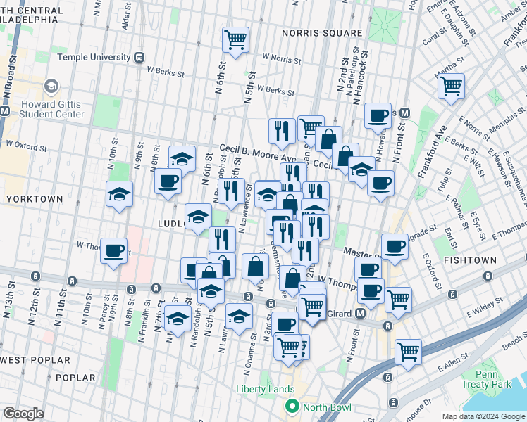 map of restaurants, bars, coffee shops, grocery stores, and more near 1442 North 4th Street in Philadelphia