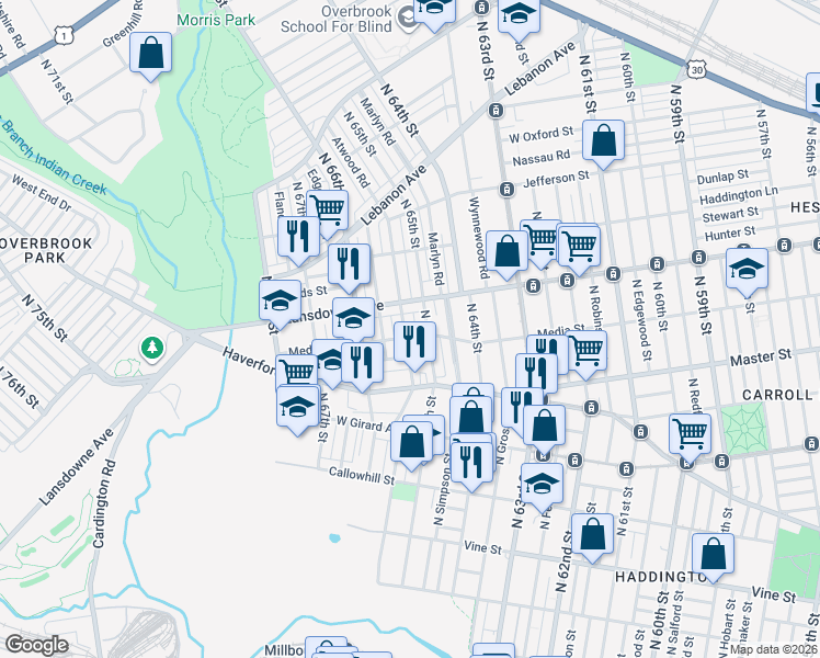 map of restaurants, bars, coffee shops, grocery stores, and more near 655 Kenmore Road in Philadelphia