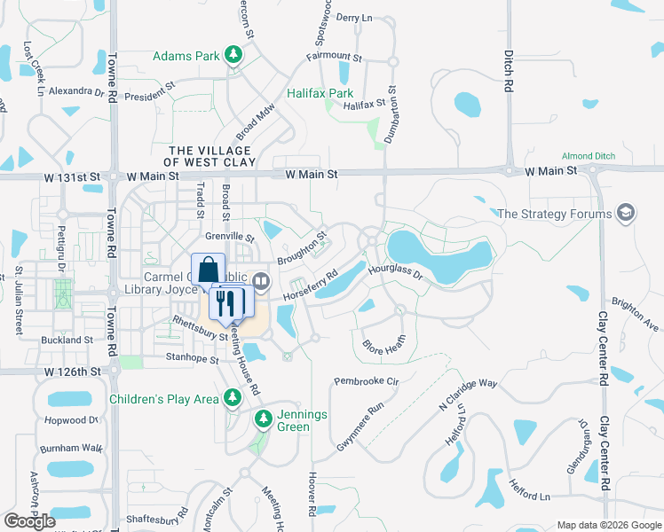map of restaurants, bars, coffee shops, grocery stores, and more near 12874 Horseferry Road in Carmel