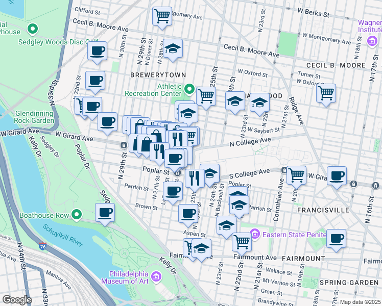 map of restaurants, bars, coffee shops, grocery stores, and more near 2511 West Girard Avenue in Philadelphia
