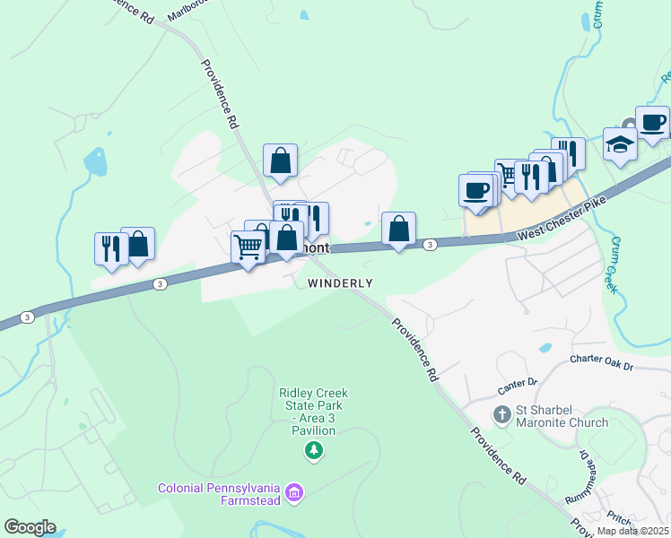 map of restaurants, bars, coffee shops, grocery stores, and more near 3857 Providence Road in Newtown Square