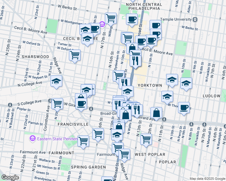 map of restaurants, bars, coffee shops, grocery stores, and more near 1517 West Seybert Street in Philadelphia