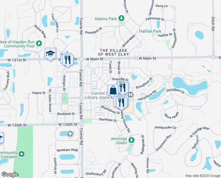 map of restaurants, bars, coffee shops, grocery stores, and more near University Crescent in Carmel