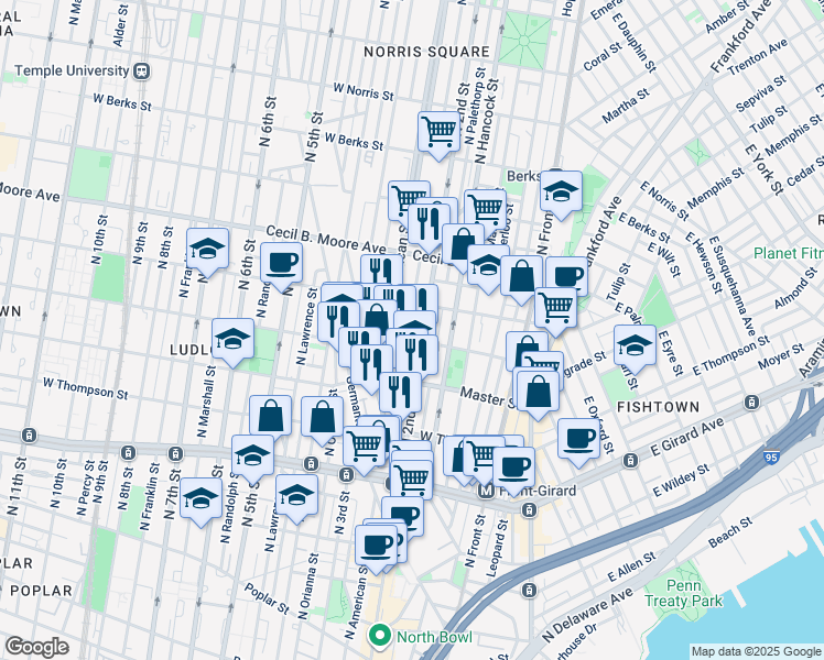 map of restaurants, bars, coffee shops, grocery stores, and more near 1513 North Philip Street in Philadelphia