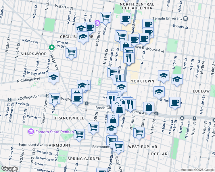map of restaurants, bars, coffee shops, grocery stores, and more near 1517 West Seybert Street in Philadelphia