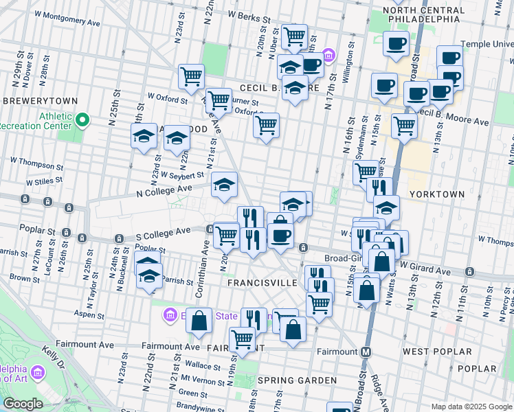 map of restaurants, bars, coffee shops, grocery stores, and more near 1248 North 19th Street in Philadelphia