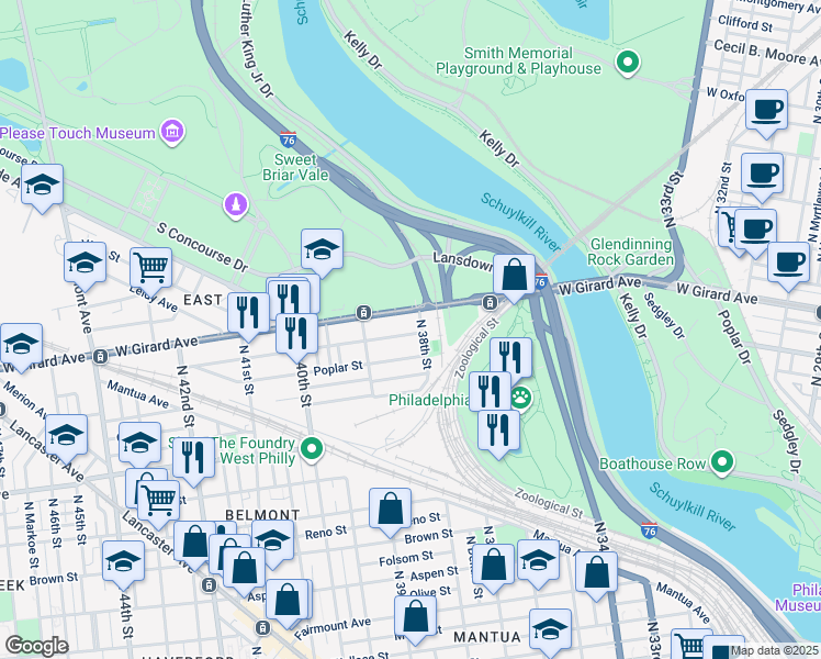 map of restaurants, bars, coffee shops, grocery stores, and more near 3811 Cambridge Street in Philadelphia