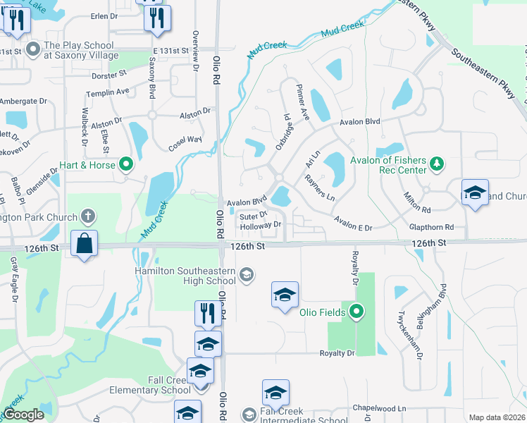 map of restaurants, bars, coffee shops, grocery stores, and more near 13896 Willesden Circle in Fishers