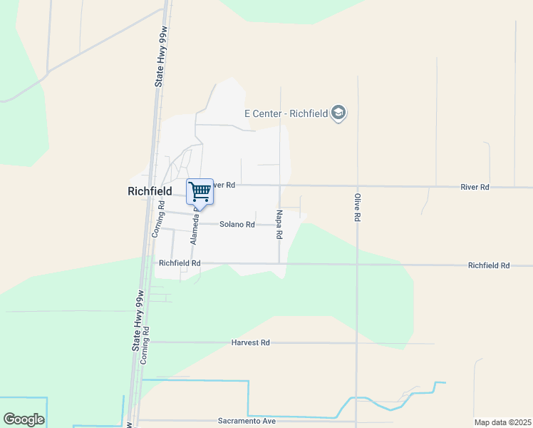 map of restaurants, bars, coffee shops, grocery stores, and more near 23222 Solano Road in Corning