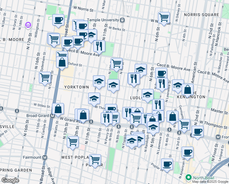 map of restaurants, bars, coffee shops, grocery stores, and more near 805 Master Street in Philadelphia