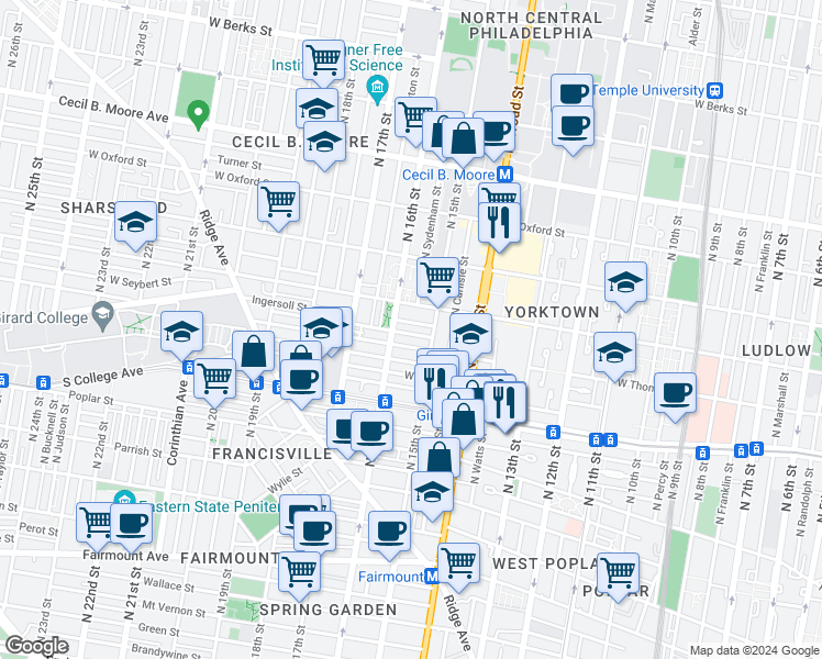 map of restaurants, bars, coffee shops, grocery stores, and more near 1527 West Seybert Street in Philadelphia