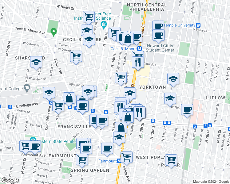 map of restaurants, bars, coffee shops, grocery stores, and more near 1519 West Seybert Street in Philadelphia