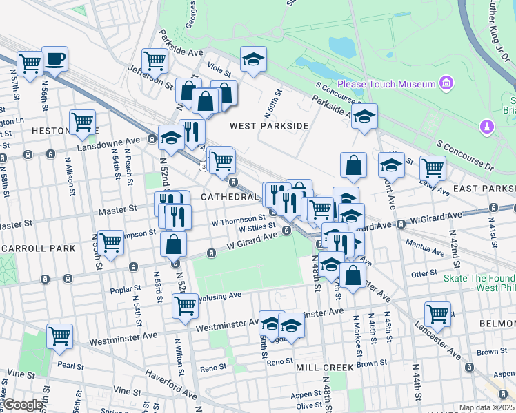 map of restaurants, bars, coffee shops, grocery stores, and more near 4908 Kershaw Street in Philadelphia