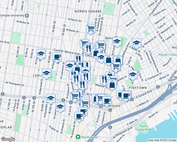 map of restaurants, bars, coffee shops, grocery stores, and more near 1519 North 2nd Street in Philadelphia