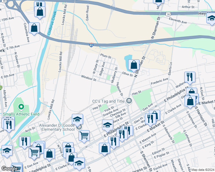 map of restaurants, bars, coffee shops, grocery stores, and more near 708 Windsor Street in York