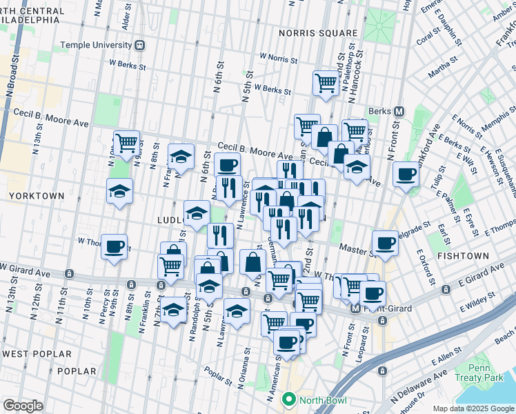 map of restaurants, bars, coffee shops, grocery stores, and more near 1511 North 4th Street in Philadelphia