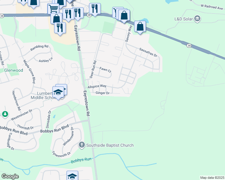 map of restaurants, bars, coffee shops, grocery stores, and more near 8 Peppercorn Drive in Lumberton