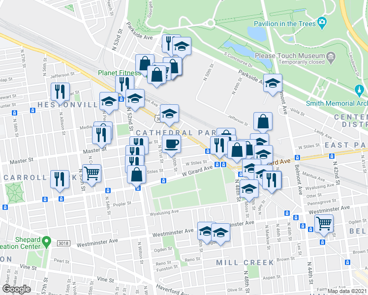 map of restaurants, bars, coffee shops, grocery stores, and more near 4946 Kershaw Street in Philadelphia
