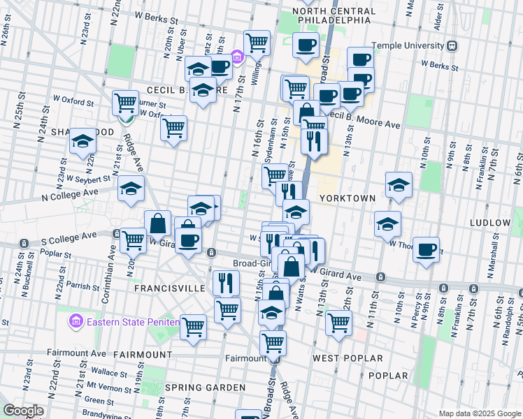 map of restaurants, bars, coffee shops, grocery stores, and more near 1519 West Seybert Street in Philadelphia