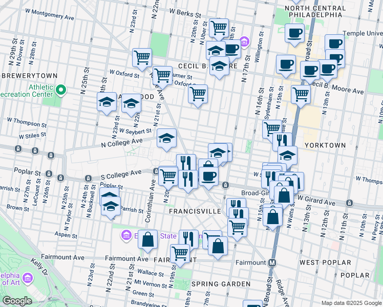 map of restaurants, bars, coffee shops, grocery stores, and more near 1248 North 19th Street in Philadelphia