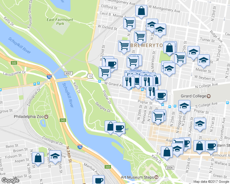 map of restaurants, bars, coffee shops, grocery stores, and more near 3019 Cambridge Street in Philadelphia
