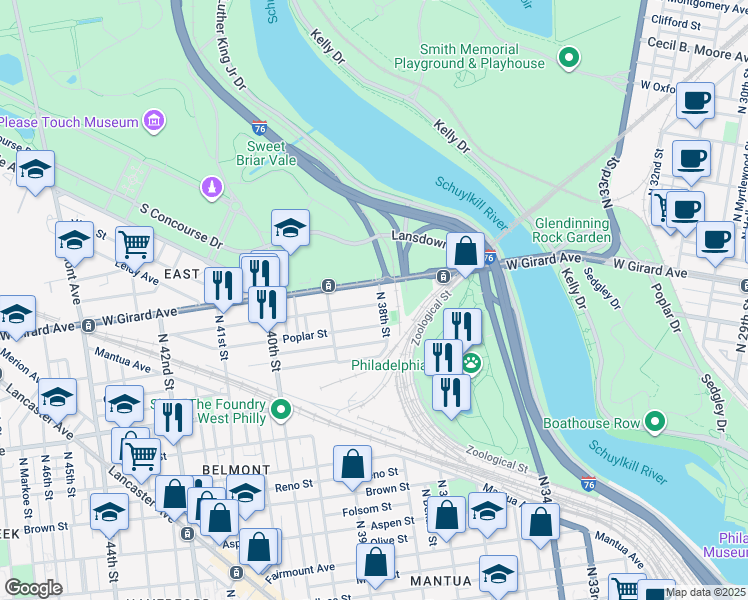 map of restaurants, bars, coffee shops, grocery stores, and more near 3807 Cambridge Street in Philadelphia