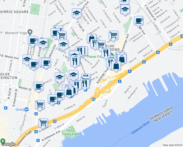 map of restaurants, bars, coffee shops, grocery stores, and more near 829 East Thompson Street in Philadelphia