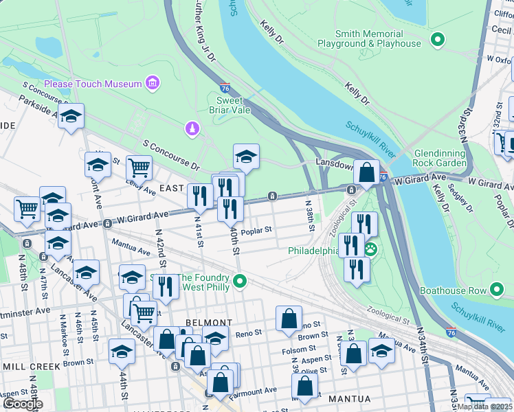 map of restaurants, bars, coffee shops, grocery stores, and more near 1129 State Street in Philadelphia