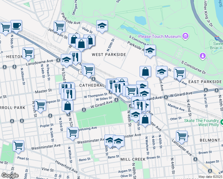 map of restaurants, bars, coffee shops, grocery stores, and more near 4901 Lancaster Ave in Philadelphia