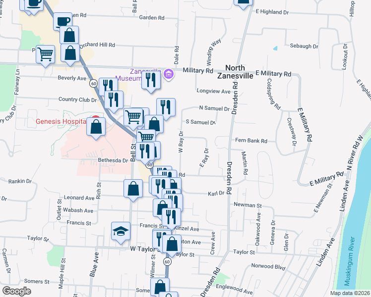 map of restaurants, bars, coffee shops, grocery stores, and more near 2760 West Ray Drive in Zanesville