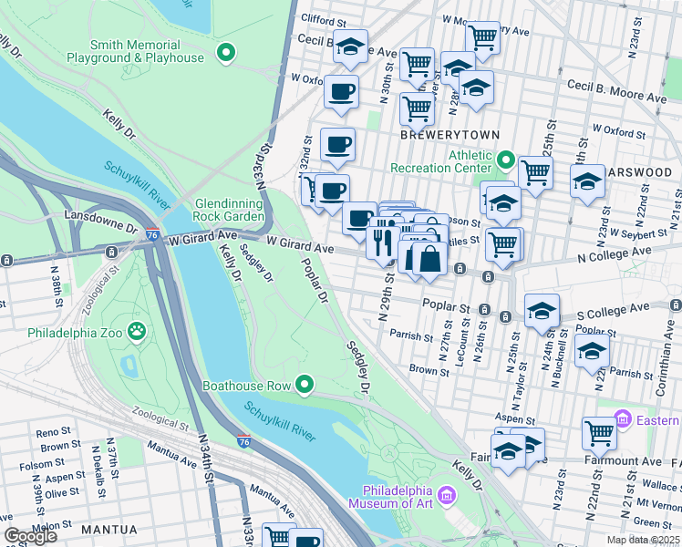 map of restaurants, bars, coffee shops, grocery stores, and more near 3023 Cambridge Street in Philadelphia