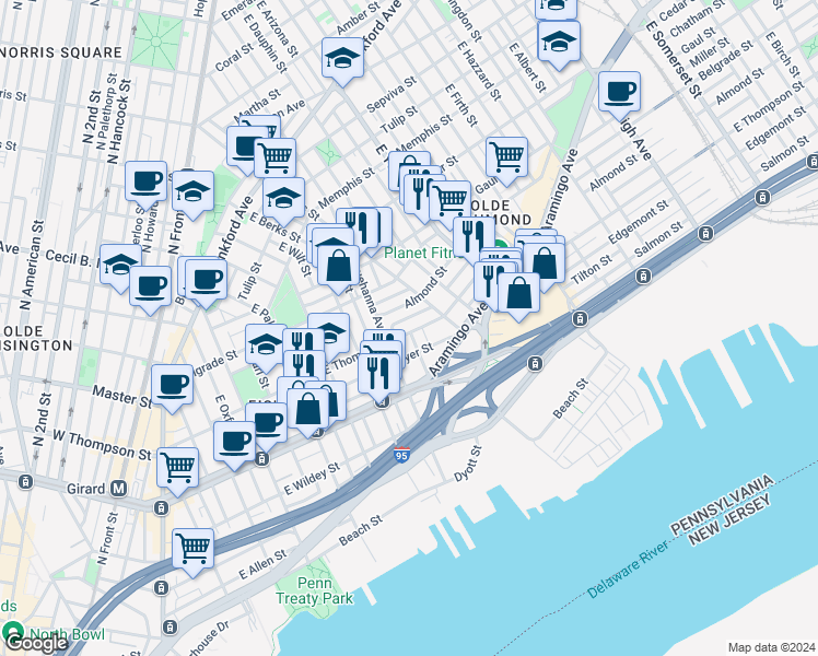 map of restaurants, bars, coffee shops, grocery stores, and more near 829 East Thompson Street in Philadelphia