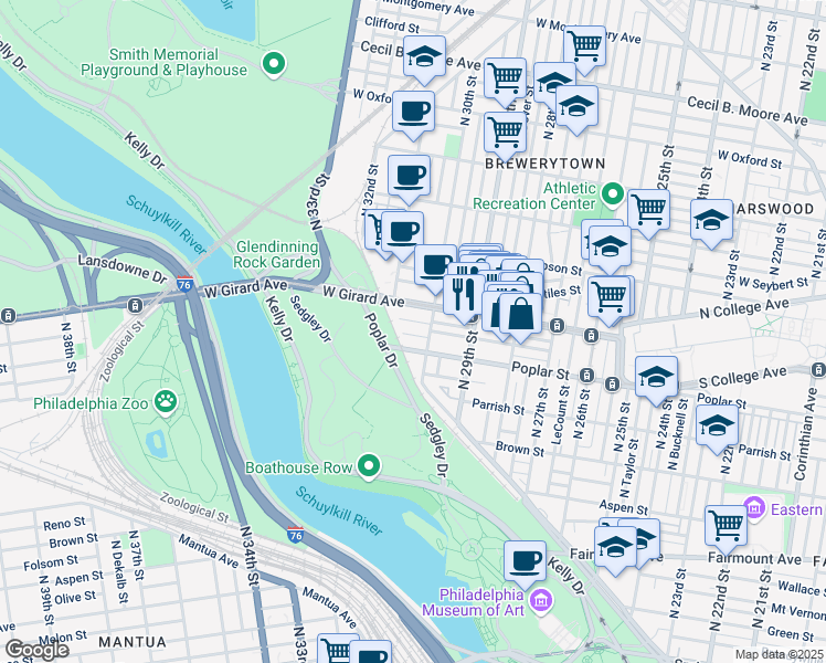 map of restaurants, bars, coffee shops, grocery stores, and more near 3023 Cambridge Street in Philadelphia