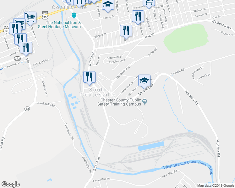 map of restaurants, bars, coffee shops, grocery stores, and more near 10 Lafayette Avenue in Coatesville