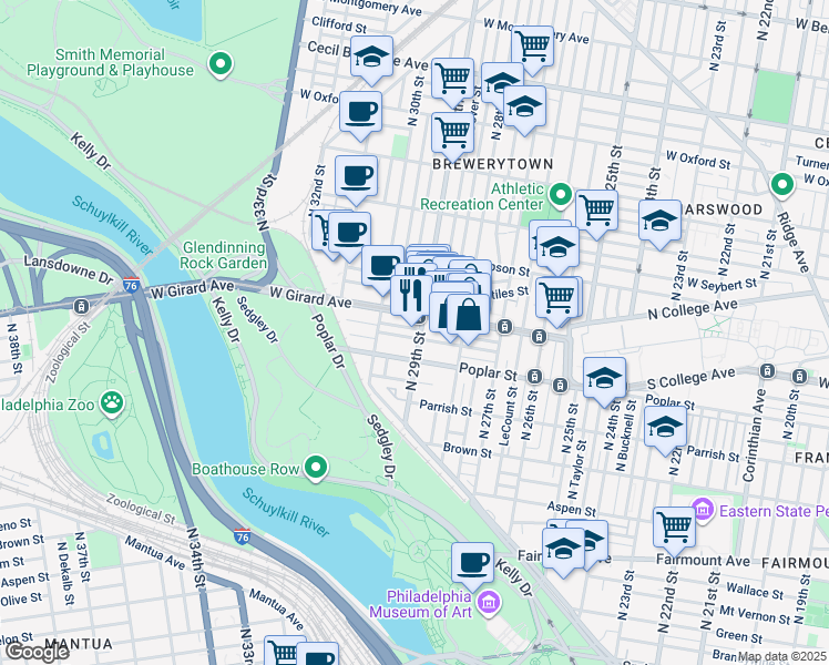 map of restaurants, bars, coffee shops, grocery stores, and more near 930 North 29th Street in Philadelphia