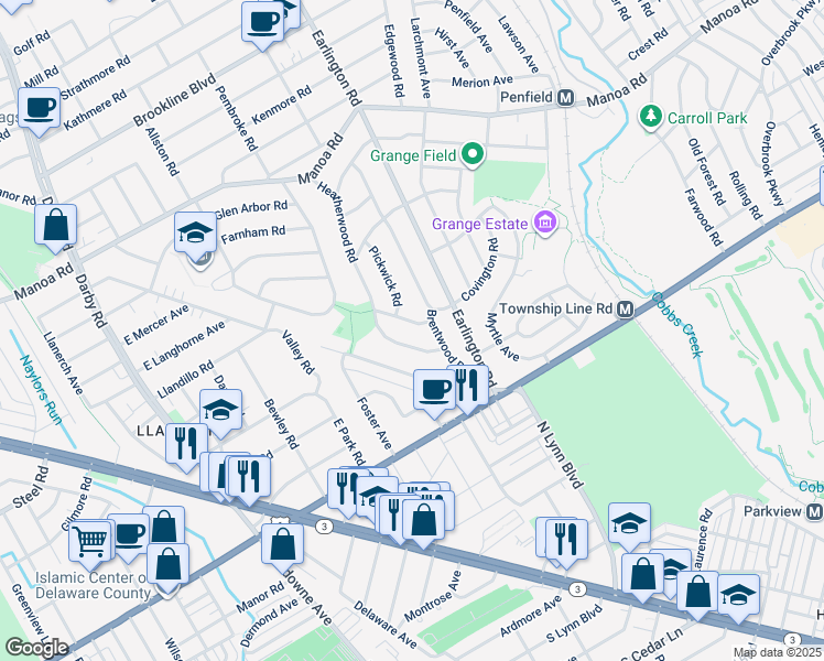 map of restaurants, bars, coffee shops, grocery stores, and more near 411 Covington Road in Havertown