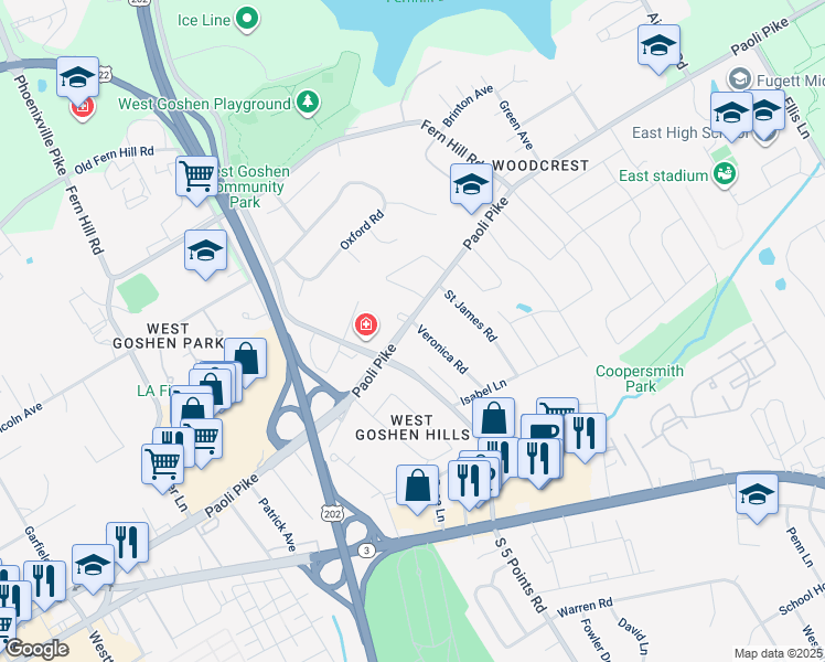map of restaurants, bars, coffee shops, grocery stores, and more near 1106 Paoli Pike in West Chester